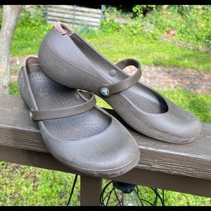 Brown Mary Jane CROCs, size 7.